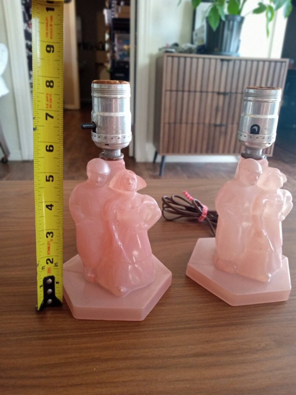 Pair of Vintage Dutch Couple Pink Glass Table Lamps. 1920's-1949 No Chips